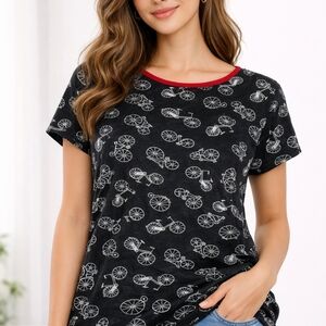 W5 Black Bicycle Print Tee with Red Neckline